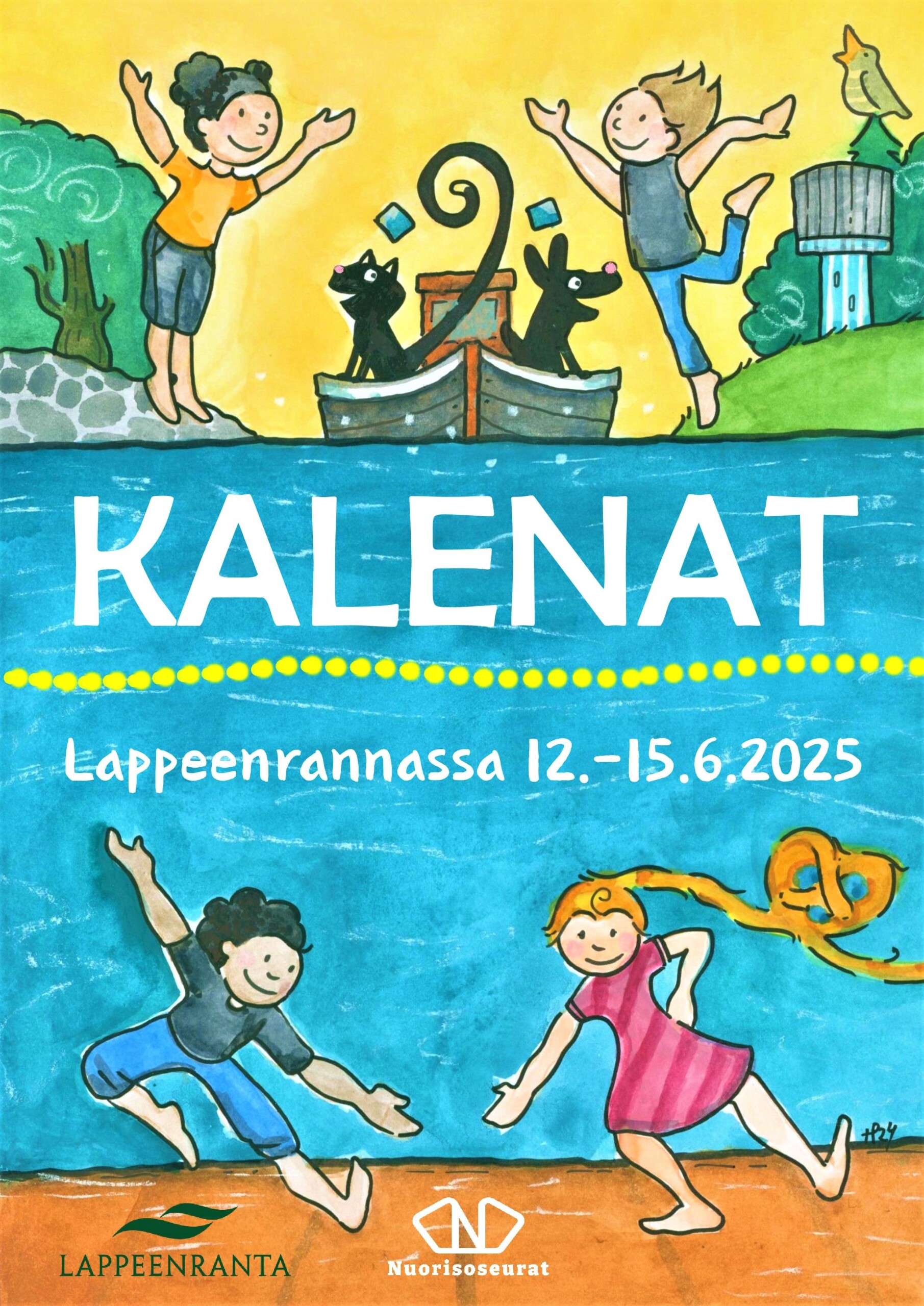 Kalenat 2025 juliste. Kuvassa tanssivia lapsihahmoja, vettä, laiva jossa matkustavat kissa ja koira.